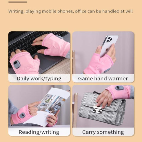 Belro USB rechargeable heated fingerless gloves designed for outdoor use, showing black gloves with built-in heating elements.