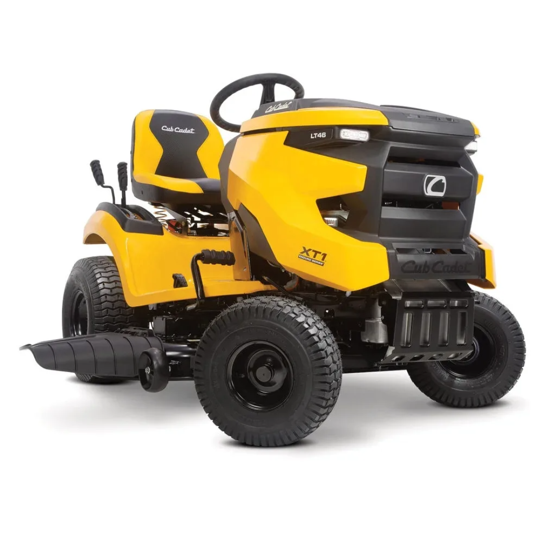 Casavibeo Cub Cadet XT1 Enduro LT 46 riding lawn tractor with a 46-inch cutting deck, shown in a green outdoor setting.