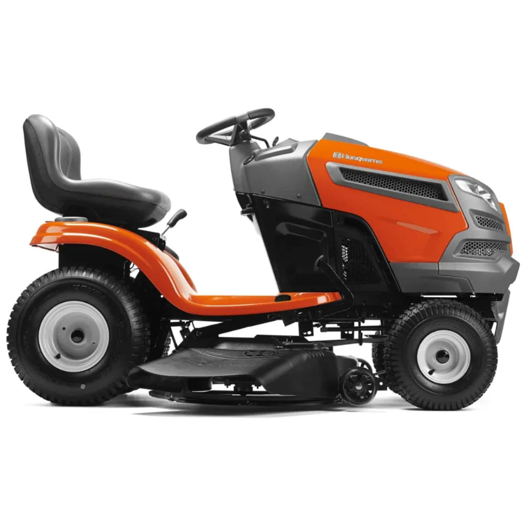 Husqvarna YTH22V46 lawn tractor with 46-inch cutting deck and 724cc engine, featuring mulching capability for lawn care.