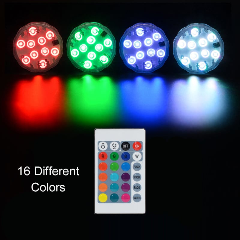 Belro submersible LED pool lights, 10 lamps, outdoor home and garden lighting, colorful underwater illumination in a pool.