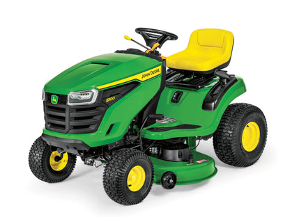 Casavibeo John Deere S100 42-inch riding lawn tractor with 17.5 HP hydrostatic transmission, shown on a grassy yard.