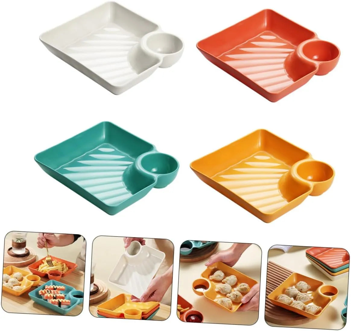Mivoza dipping plate with sauce compartment, stackable, no-drip design for serving condiments and appetizers in kitchen tableware.