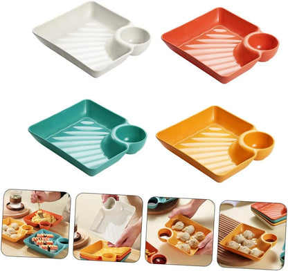 Mivoza dipping plate with sauce compartment, stackable, no-drip design for serving condiments and appetizers in kitchen tableware.