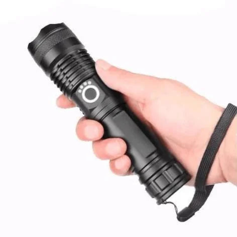 Belro 90000 Lumens Xhp50.2 powerful LED flashlight with sturdy black body and adjustable focus, ideal for outdoor lighting.