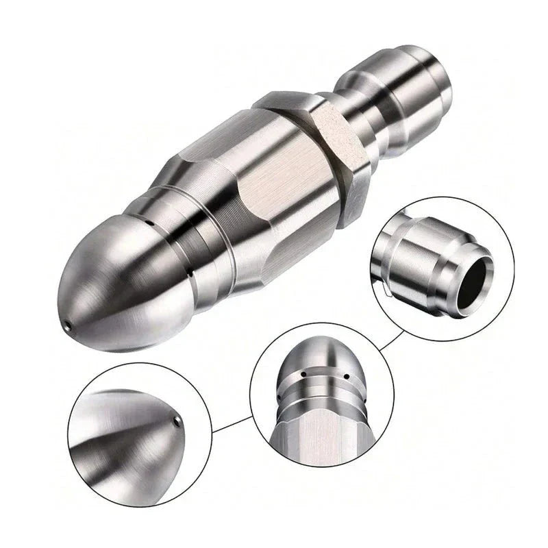 Belro pressure washer sewer jetter nozzle with 1/4 inch quick connector, suitable for cleaning drains and sewer lines.