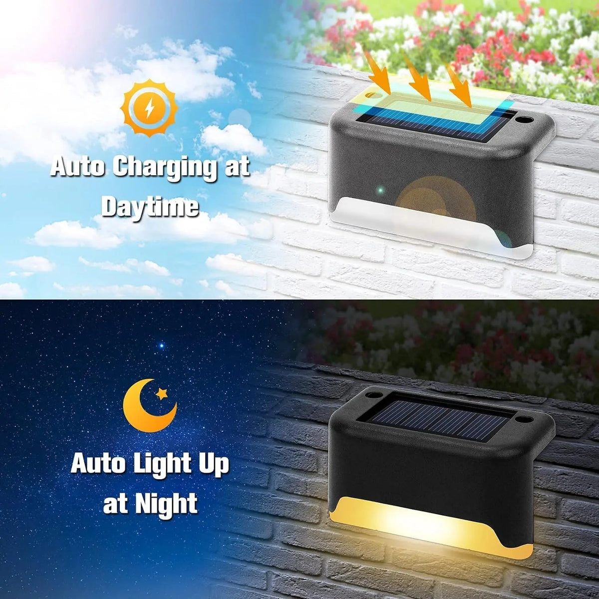 Set of four Mivoza solar patio lights with weatherproof design, automatic on/off, ideal for garden and outdoor patio lighting.