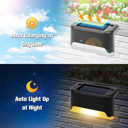 Set of four Mivoza solar patio lights with weatherproof design, automatic on/off, ideal for garden and outdoor patio lighting.