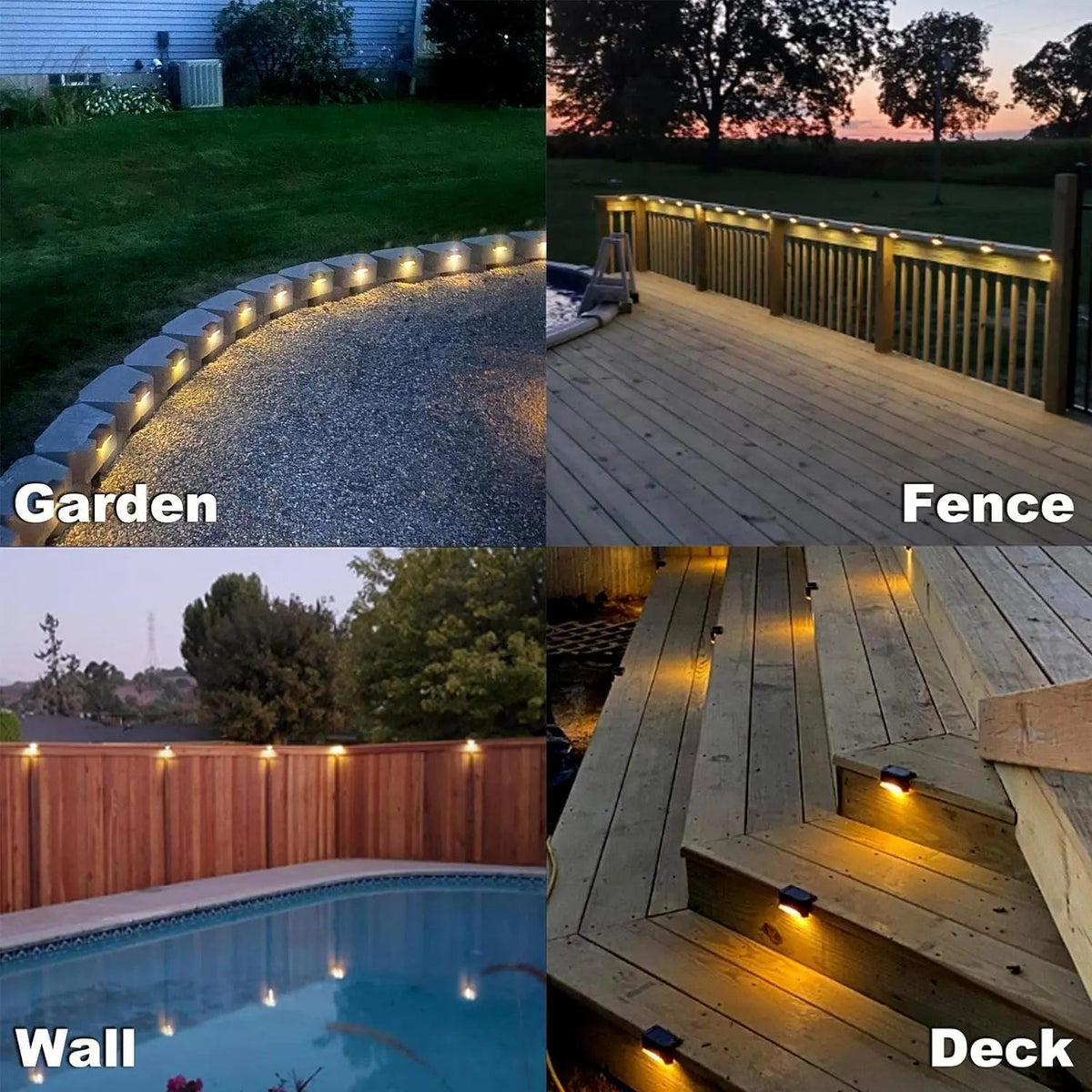 Set of four Mivoza solar patio lights showing weatherproof outdoor garden lighting with automatic on/off in a garden setting.