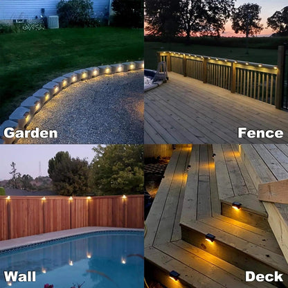 Set of four Mivoza solar patio lights showing weatherproof outdoor garden lighting with automatic on/off in a garden setting.