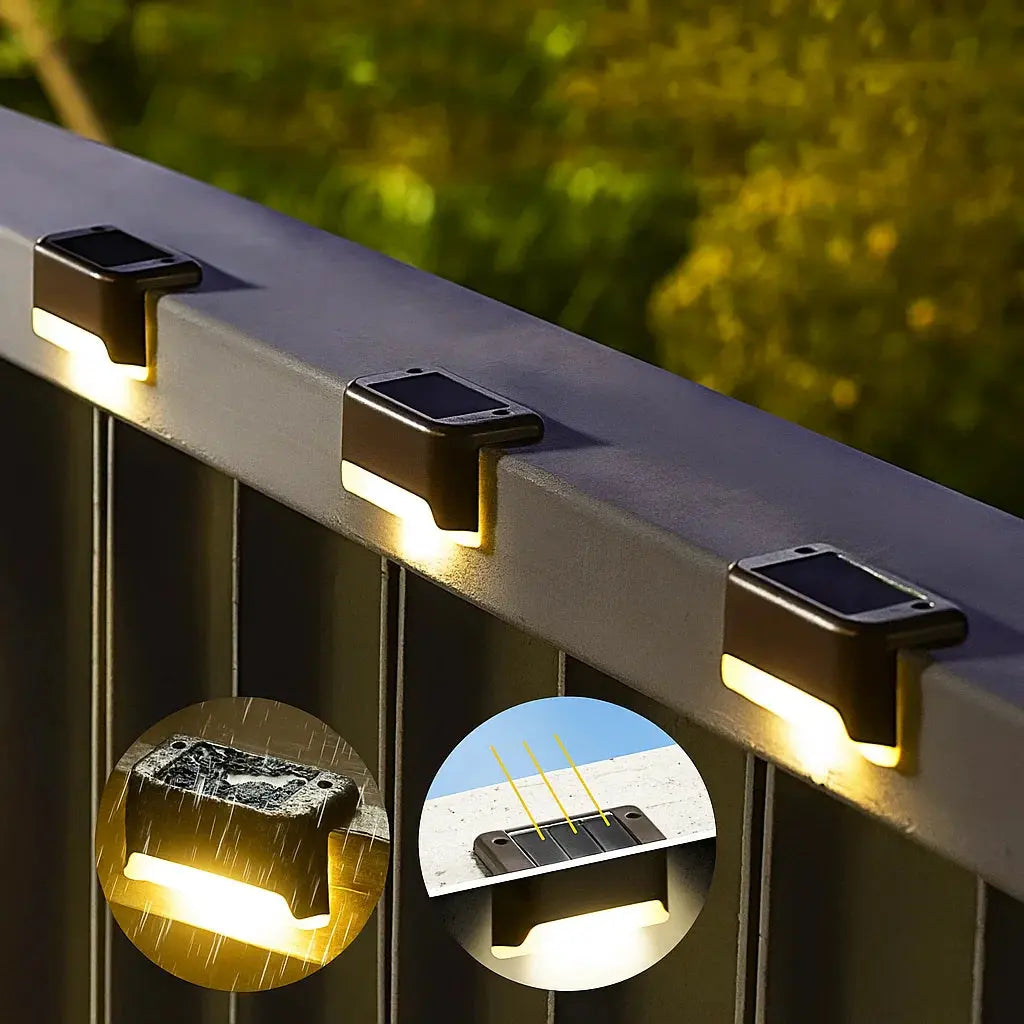 Set of four Mivoza solar patio lights with weatherproof outdoor design, automatic on/off, ideal for garden and patio illumination.