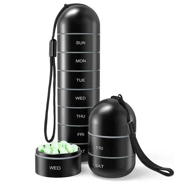 Belro aluminum portable pill organizer for travel, compact pill box container with multiple compartments for medication storage.