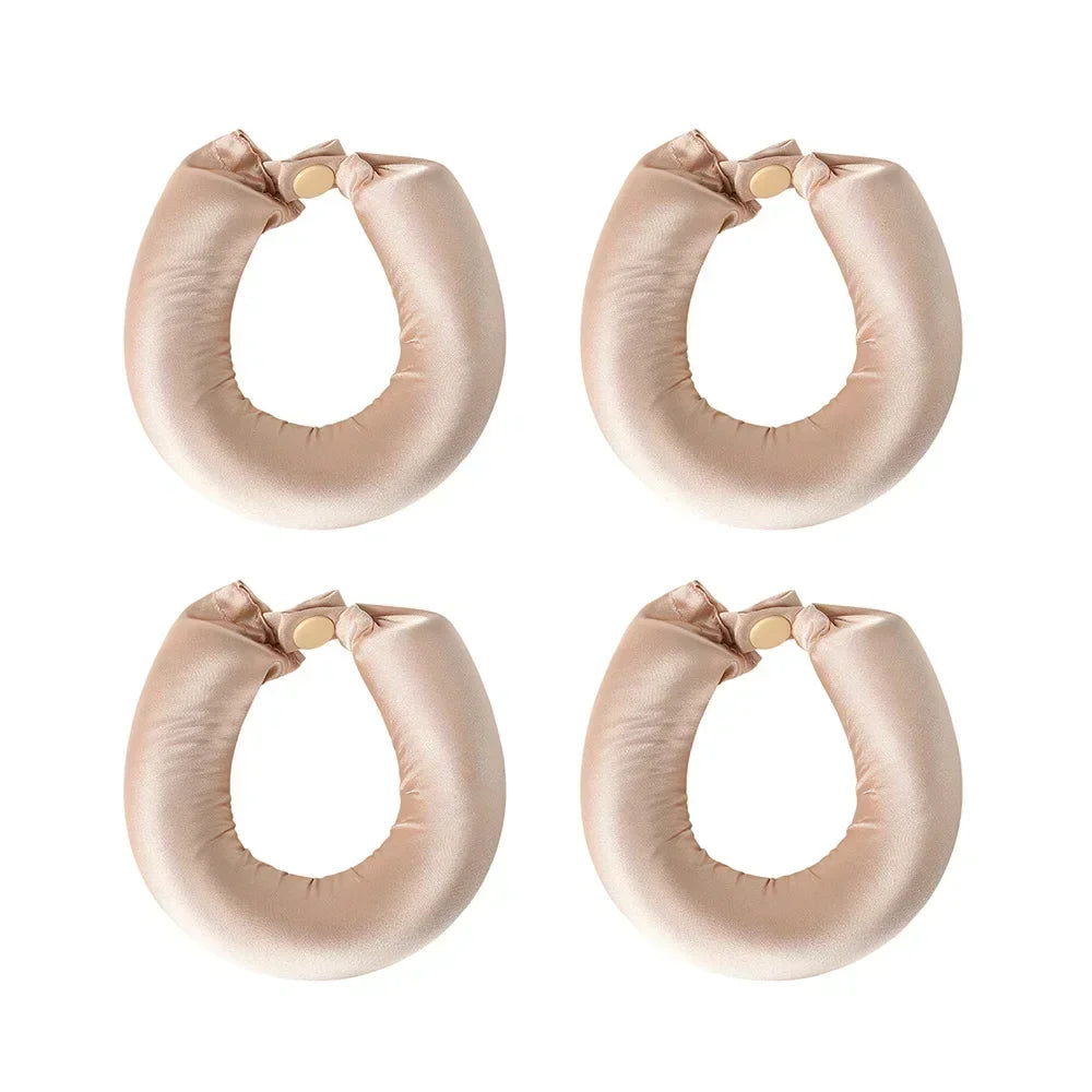 Set of four champagne satin headbands by Belro, heatless hair curlers for gentle, stylish hair styling accessories.