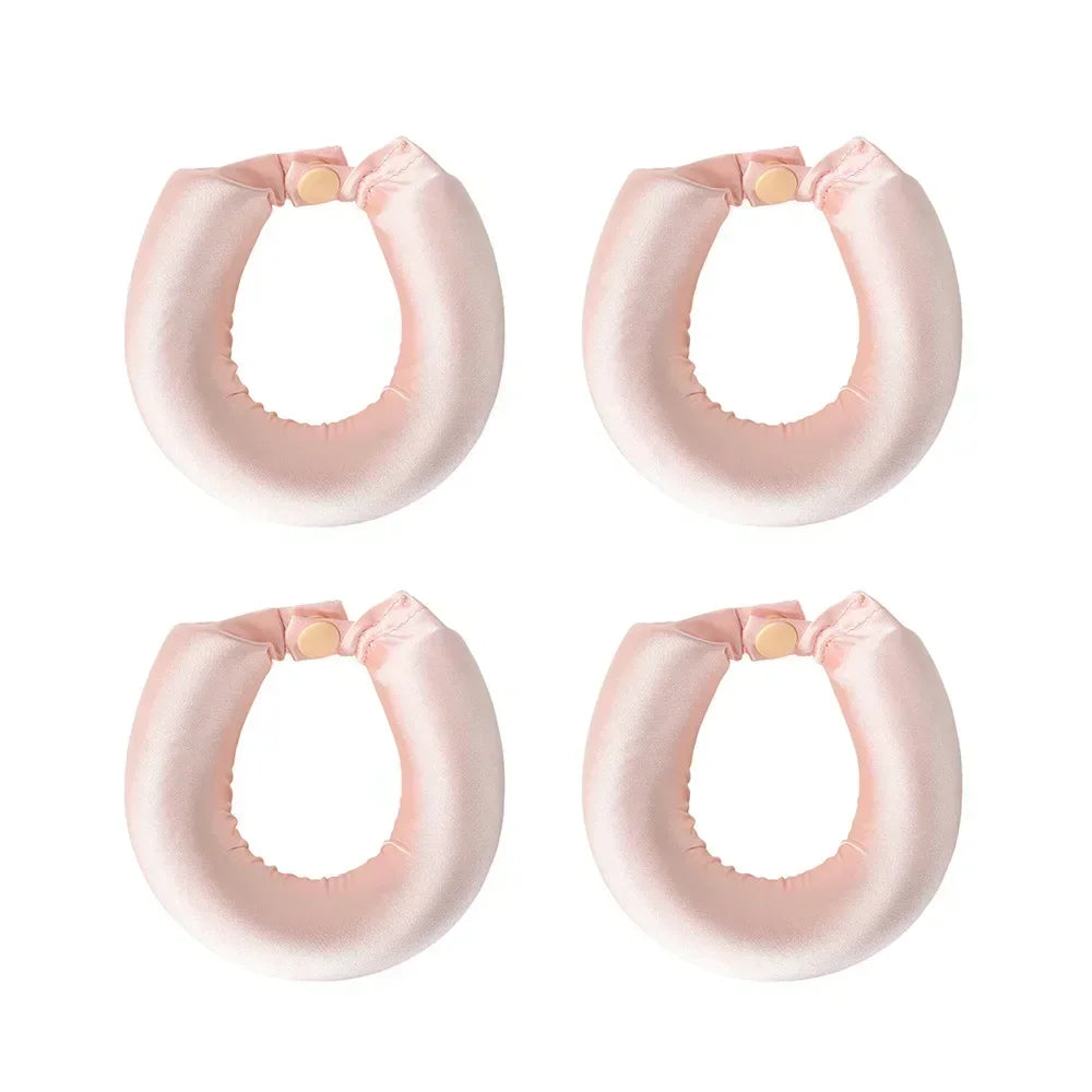 Set of four light pink satin headbands by Belro, heatless hair curlers for gentle, stylish hair curling accessories.