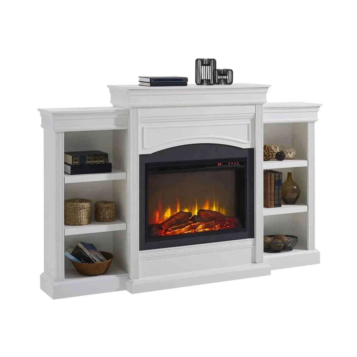 Casavibeo Ameriwood Home Lamont mantel fireplace with black finish and built-in electric heater, showcasing a modern living room setup.