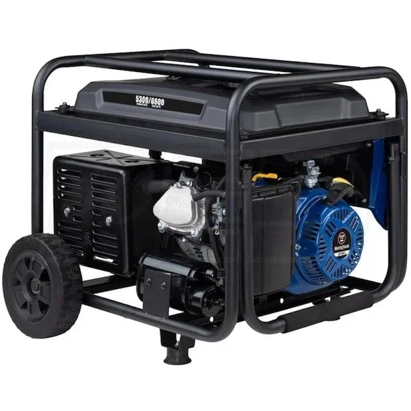Westinghouse WGen5300cv portable generator with CO sensor, 5300 watts, black and yellow design, outdoor use, Casavibeo branding.