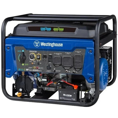 Westinghouse WGen5300DFc portable dual-fuel generator with electric start, RV outlet, wireless remote, and CO sensor.