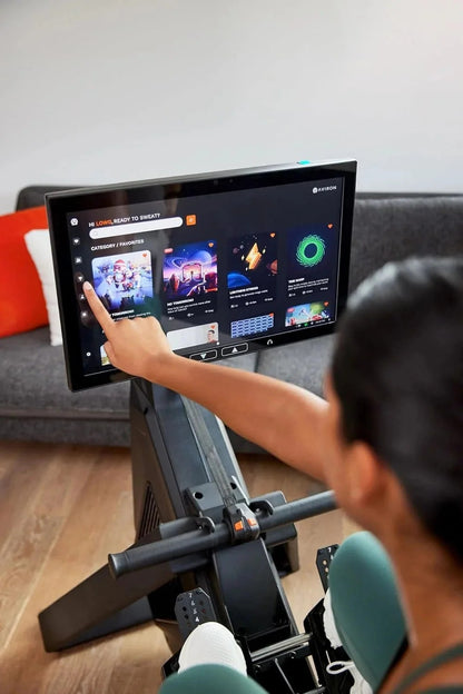 Casavibeo Aviron Strong Series rowing machine with 22-inch HD touchscreen, dual resistance, and compact design for game-based workouts.