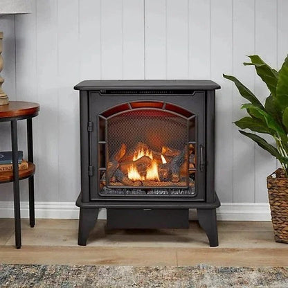 Casavibeo Bluegrass Living Panorama Vent-Free Duals Fuel 3-Sided Gas Stove BTSD23RT with glass panels and modern design.