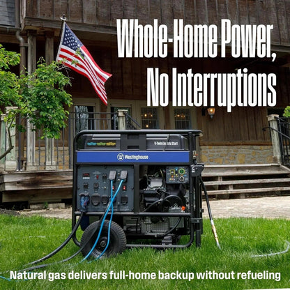 Westinghouse tri-fuel portable generator with dual wattage (28,000/20,000W), compact design, and multiple power outlets.