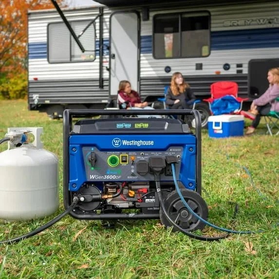 Westinghouse 4650W dual fuel portable generator with remote electric start and RV outlets, ideal for outdoor power needs.