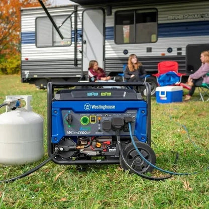 Westinghouse 4650W dual fuel portable generator with remote electric start and RV outlets, ideal for outdoor power needs.