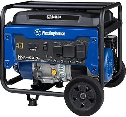 Casavibeo Westinghouse 6600W portable backup generator with transfer switch, 30A RV-ready outlets, and 30A outlet for home use.