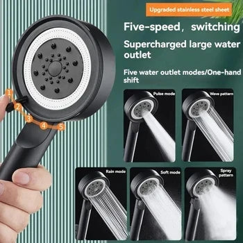 Belro high-pressure shower head with 5 modes, hose, and filter for a refreshing rainfall shower experience.