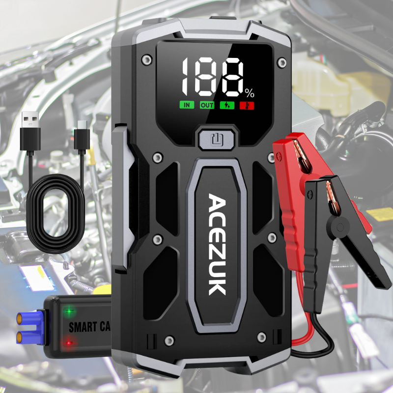 Belro portable car jump starter with power bank, 3000A, compact device for emergency vehicle battery boost and charging.