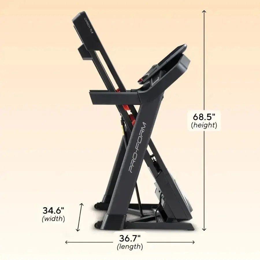Casavibeo Pro-Form Carbon TLX treadmill with digital display, sturdy frame, and cushioned running deck for home exercise.