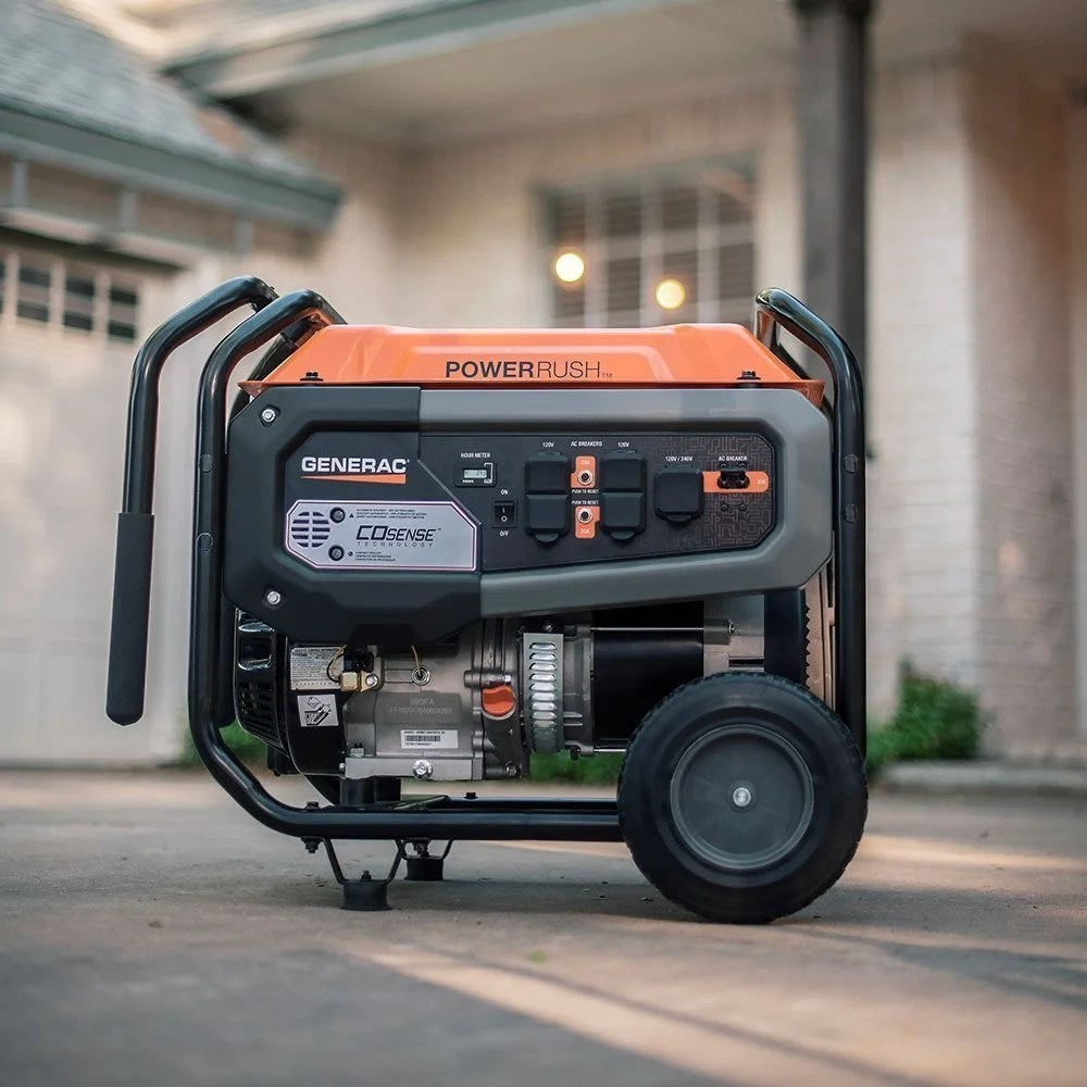 Casavibeo Generac GP6500 portable generator with black frame, fuel tank, and control panel, suitable for outdoor power needs.