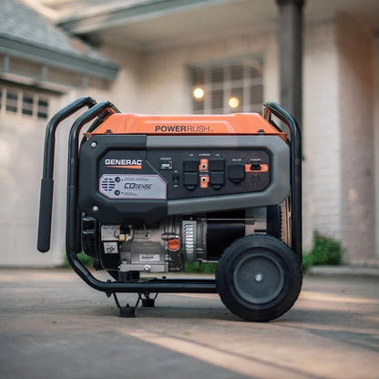 Casavibeo Generac GP6500 portable generator with black frame, fuel tank, and control panel, suitable for outdoor power needs.