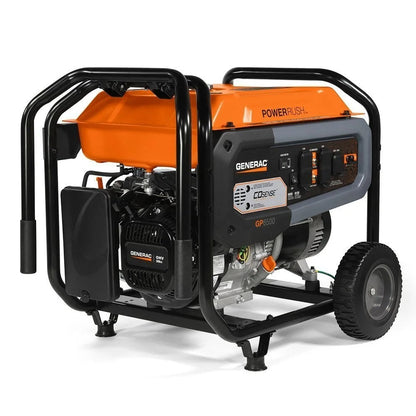 Generac GP6500 portable generator with black frame and control panel, designed for outdoor power backup and camping use.