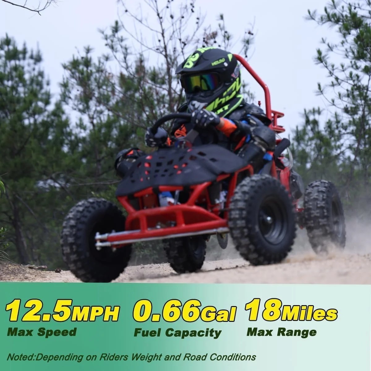 Casavibeo X-Pro Rover 50 go kart showing sturdy frame, black and red design, and large tires for outdoor racing.