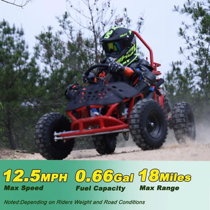 Casavibeo X-Pro Rover 50 go kart showing sturdy frame, black and red design, and large tires for outdoor racing.