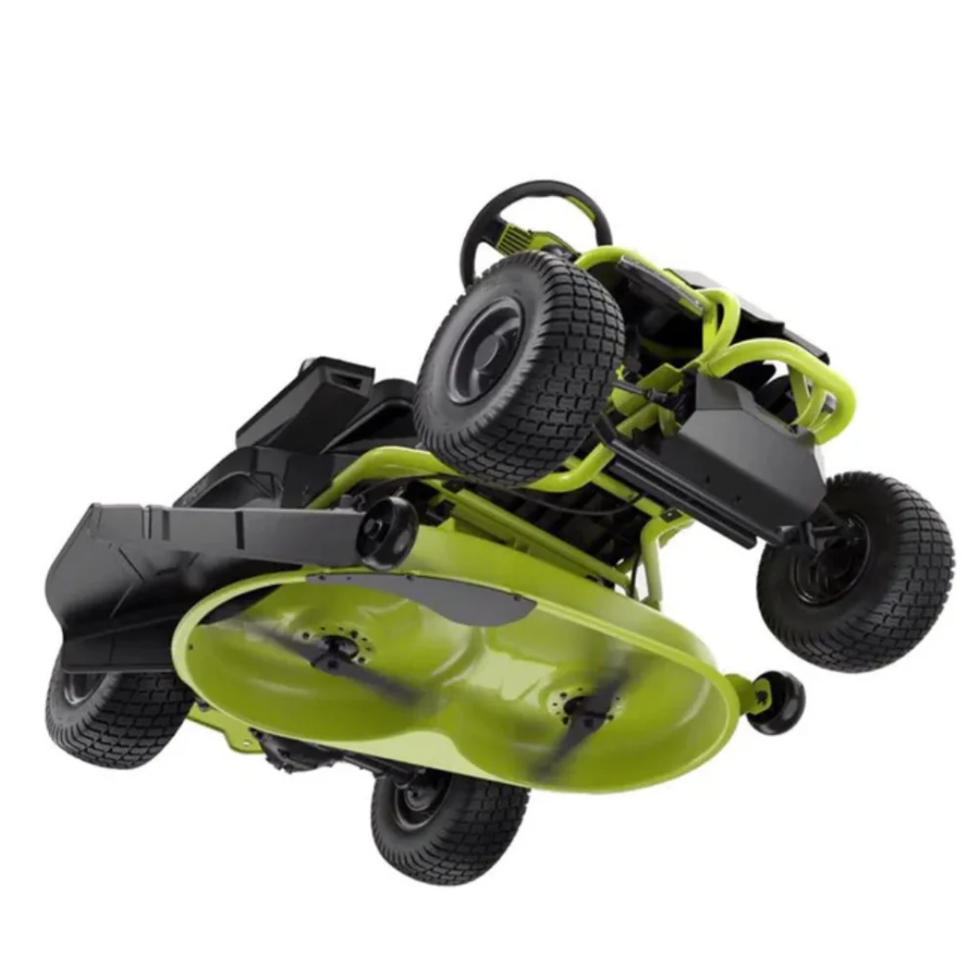 Casavibeo RYOBI 38-inch 100 Ah battery electric rear engine riding lawn mower with cutting deck and controls visible.