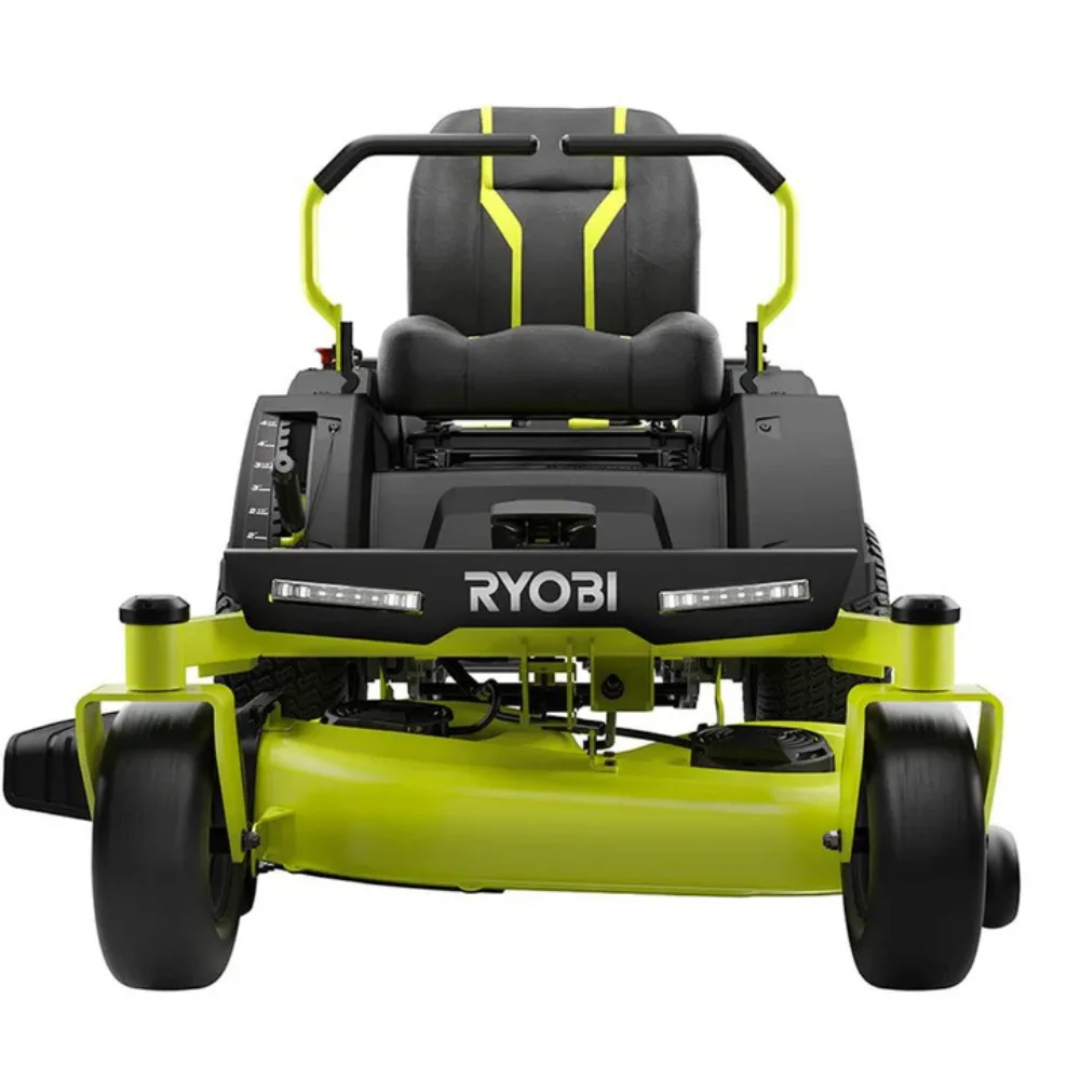 RYOBI 42-inch electric riding zero turn mower with Casavibeo 100 Ah battery, showing the mower's cutting deck and control panel.