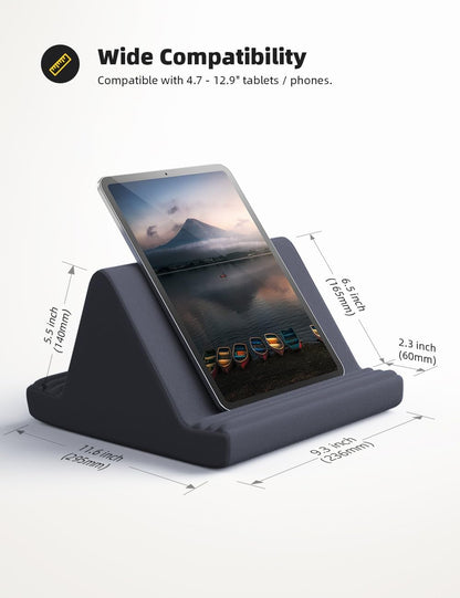 Belro tablet pillow stand supporting all tablets, soft cushion with adjustable angle for comfortable viewing and hands-free use.