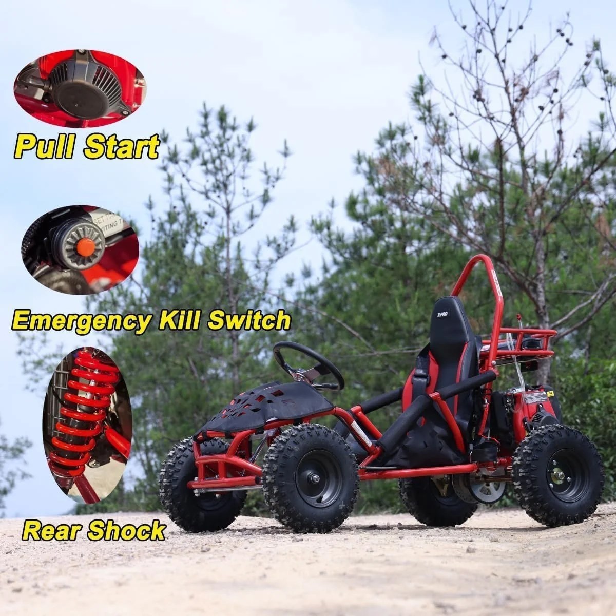 Casavibeo X-Pro Rover 50 Go Kart showing a sleek red frame, large wheels, and steering wheel for outdoor racing fun.