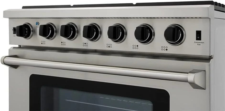 Casavibeo Thor Kitchen 36-inch gas range with four burners and stainless steel finish, featuring control knobs on the front panel.