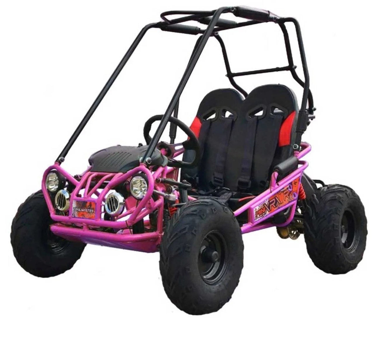 Casavibeo TrailMaster MINI XRX+ go-kart with black frame, red accents, and sturdy tires, designed for kids' outdoor racing adventures.