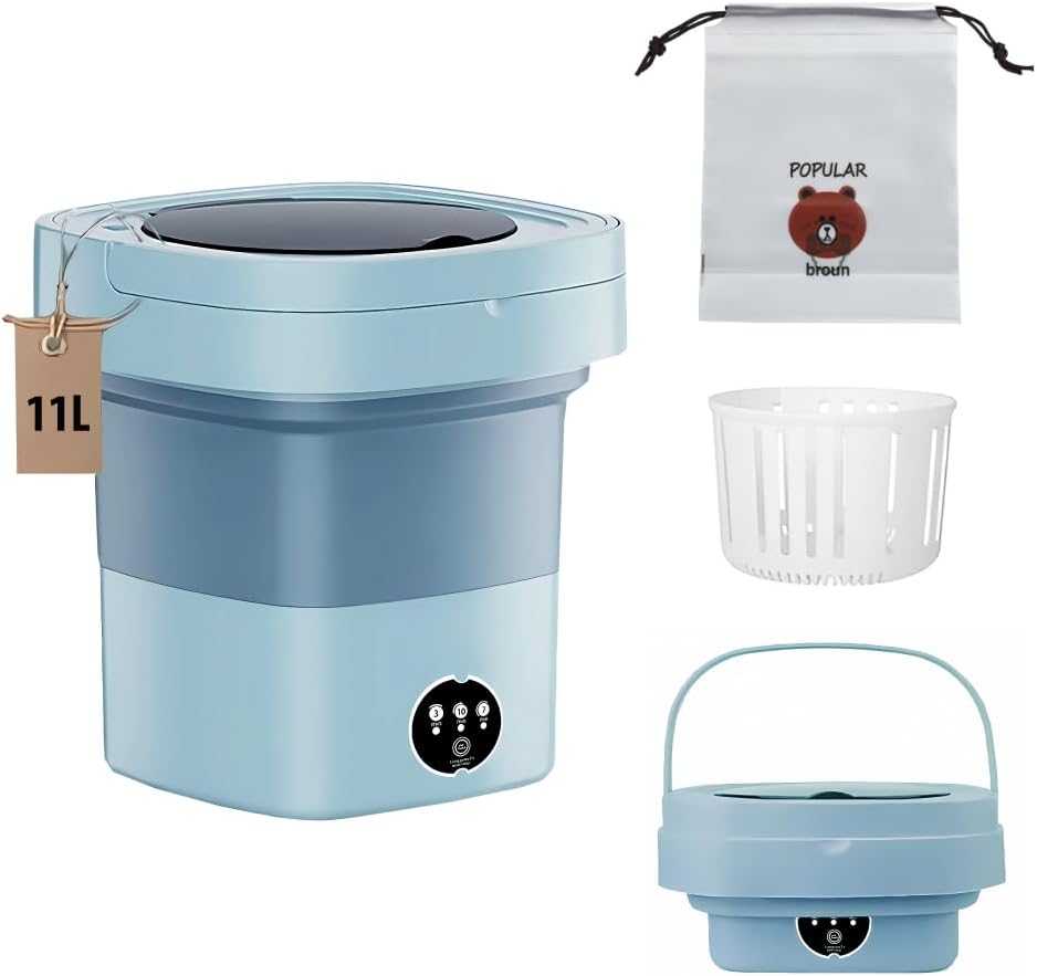 Belro portable washing machine for outdoor use showing compact design with control panel and drum in a home and garden setting