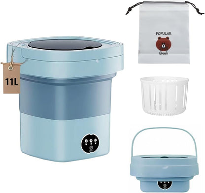 Belro portable washing machine for outdoor use showing compact design with control panel and drum in a home and garden setting