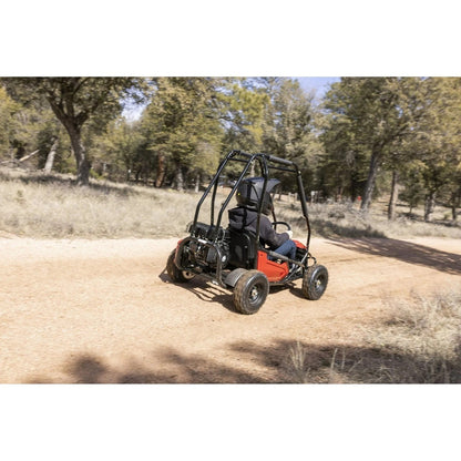Casavibeo Coleman Powersports GK100 one-seater go-kart with black frame and red accents, featuring a sturdy seat and safety features.