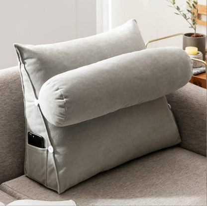 Belro luxury back wedge bed pillow for back pain support, shown on a bed with a soft fabric cover and ergonomic design