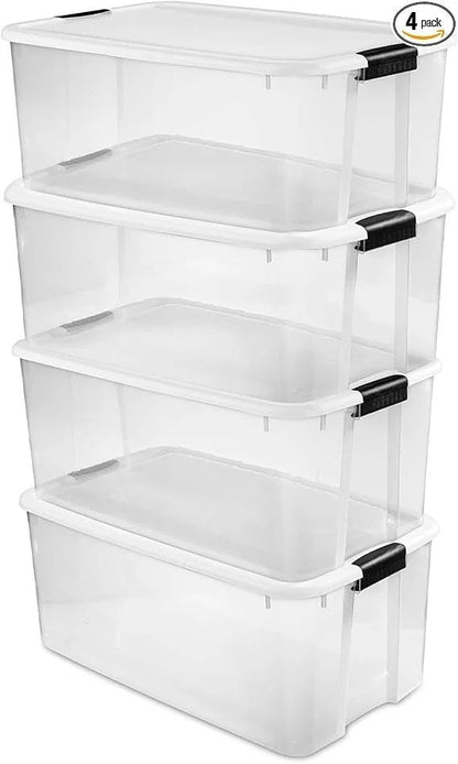 Clear plastic Sterilite 4-pack ultra latching storage bins with lids, 116 quart capacity, ideal for organizing closet, bathroom, or office.