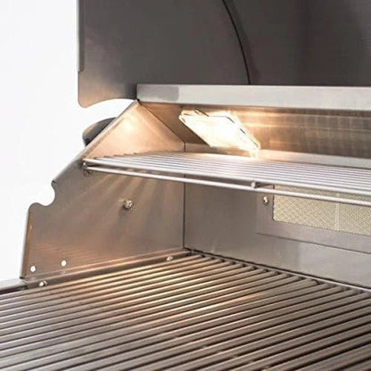 Casavibeo Blaze 32-inch 4-burner LTE gas grill with rear burner and built-in lighting, shown with stainless steel surface and control knobs.