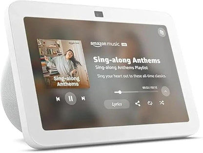 Casavibeo Amazon Echo Show 8 smart display with Glacier White finish, featuring spatial audio and smart home hub functionality.