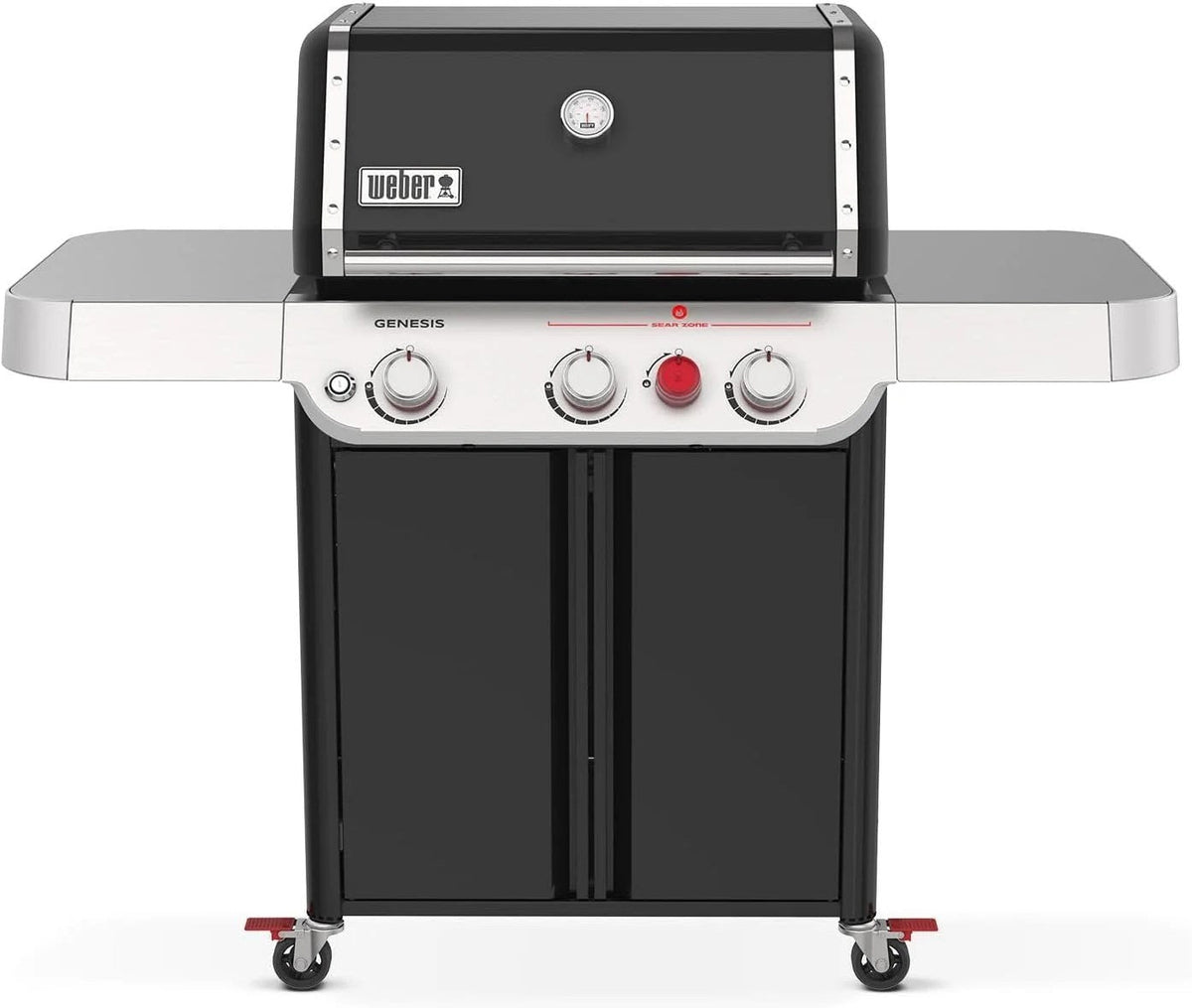 Casavibeo Weber Genesis E-325s gas grill with stainless steel body, four burners, and side shelves for outdoor cooking.