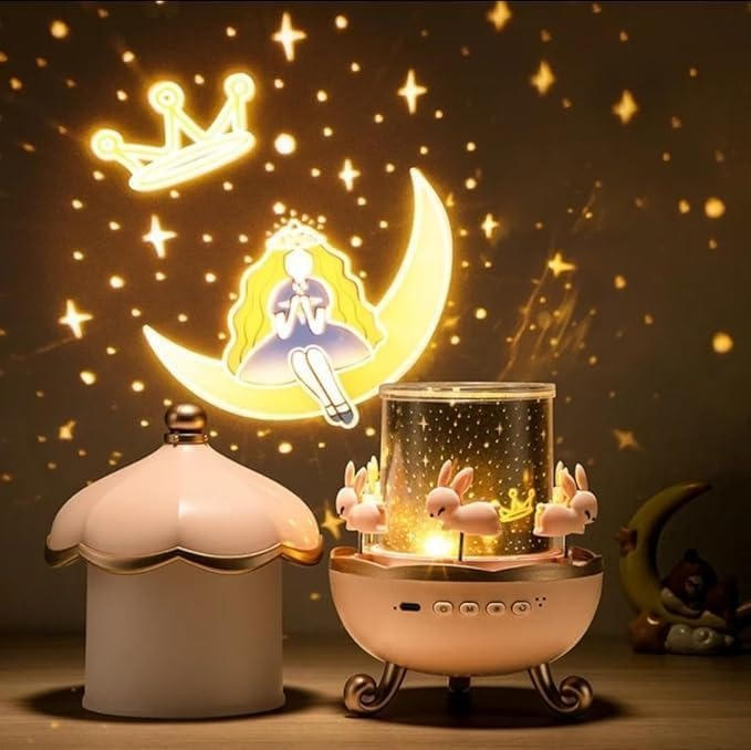 Belro night light projector for kids displaying colorful star and moon patterns on a dark wall, ideal for children's bedroom lighting.