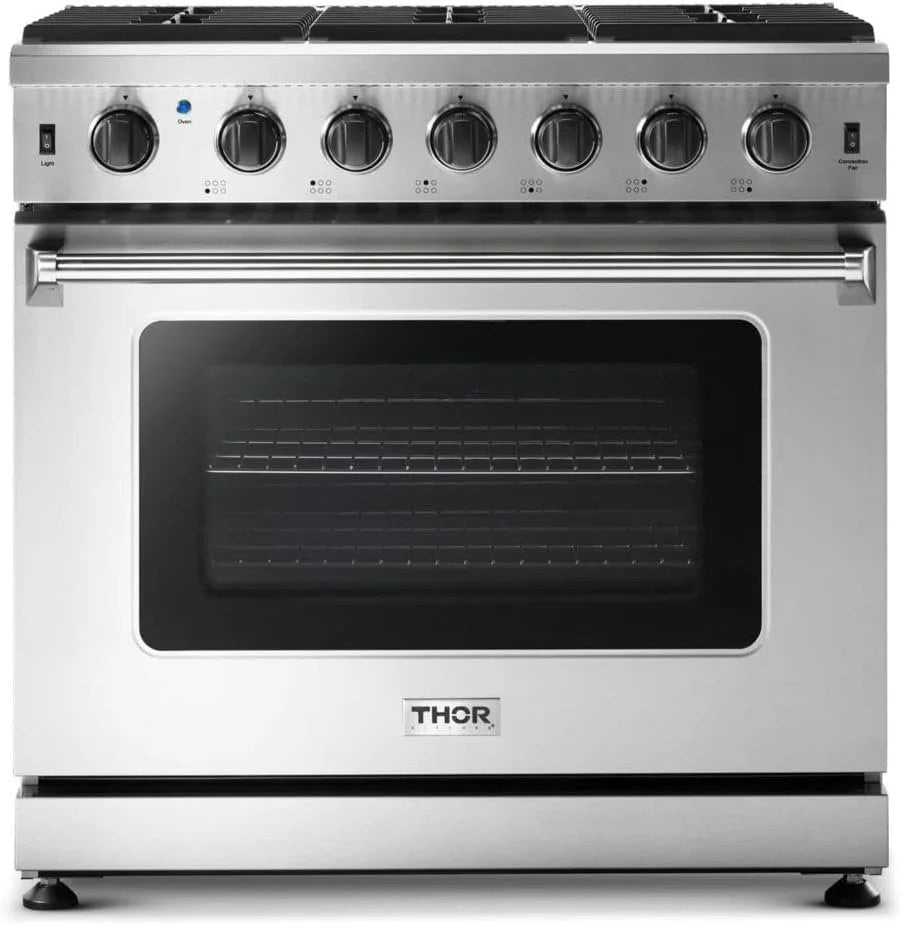 Casavibeo Thor Kitchen 36-inch gas range with four burners and stainless steel finish, detailed view of cooktop and control knobs